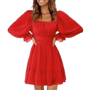 🌸 3/$15 Amazon Red Ruffle Long Sleeve Mini Dress Large